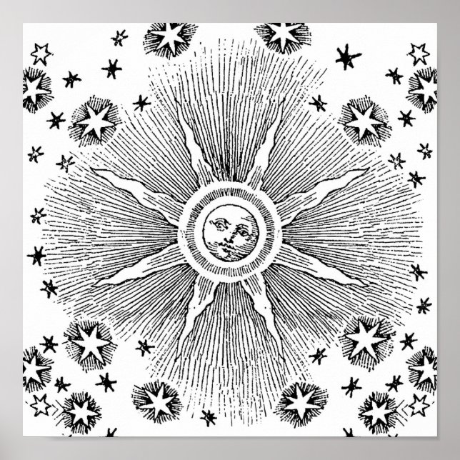 Sun Stars Antique Night Sky Medieval Zodiac Poster (Front)