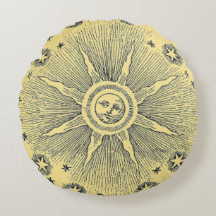 Sun Stars Antique Night Sky Medieval Zodiac Round Pillow