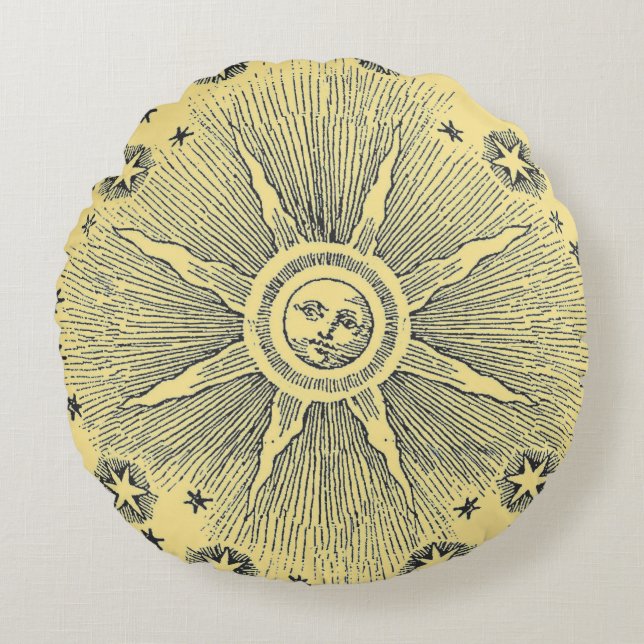 Sun Stars Antique Night Sky Medieval Zodiac Round Pillow (Front)