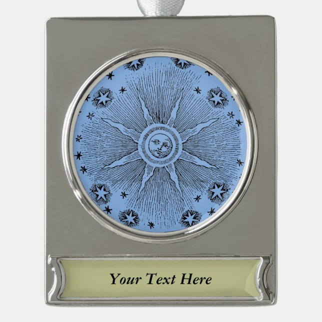 Sun Stars Antique Night Sky Medieval Zodiac Silver Plated Banner Ornament (Front)