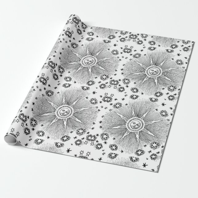 Sun Stars Antique Night Sky Medieval Zodiac Wrapping Paper (Unrolled)