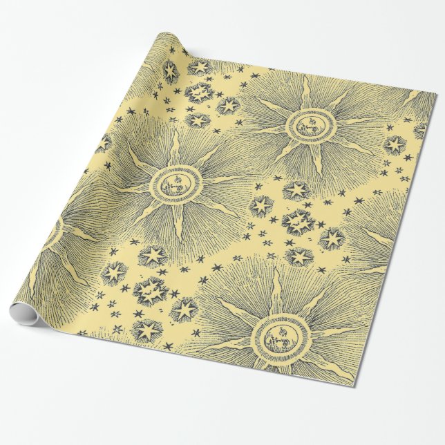 Sun Stars Antique Night Sky Medieval Zodiac Wrapping Paper (Unrolled)