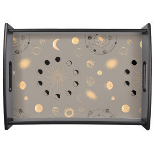Sun stars moon phases planets black gold alchemy serving tray