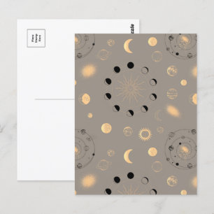 Sun stars moon phases planets black gold on tan postcard