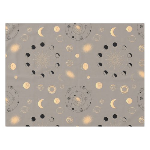 Sun stars moon phases planets black gold on tan  tablecloth