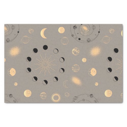Sun stars moon phases planets black gold on tan tissue paper