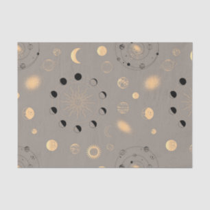 Sun stars moon phases planets black gold on tan tissue paper
