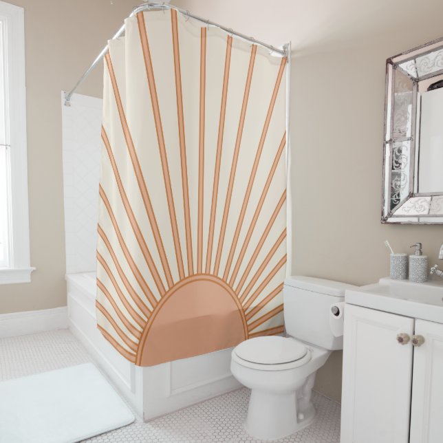 Sun Sunrise Earth Tones Terracotta Retro Sunshine Shower Curtain (In Situ)