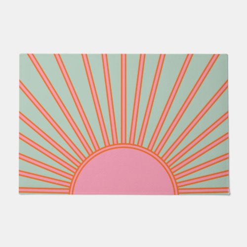 Sun Sunrise Green And Pink Abstract Retro Sunshine Doormat