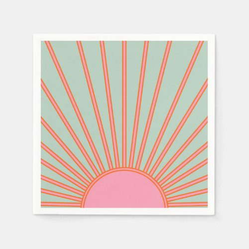 Sun Sunrise Green And Pink Abstract Retro Sunshine Napkins