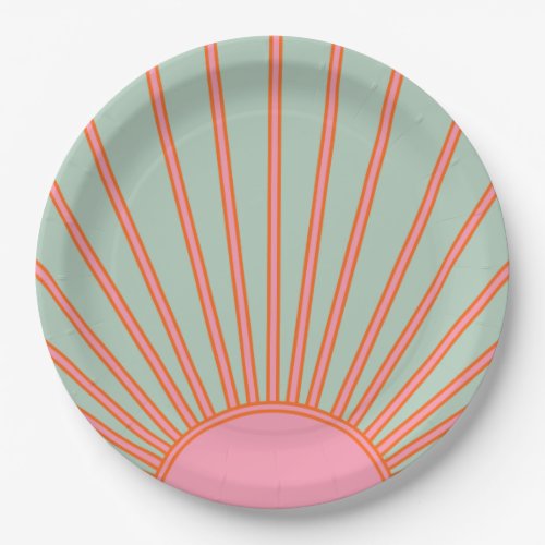 Sun Sunrise Green And Pink Abstract Retro Sunshine Paper Plates