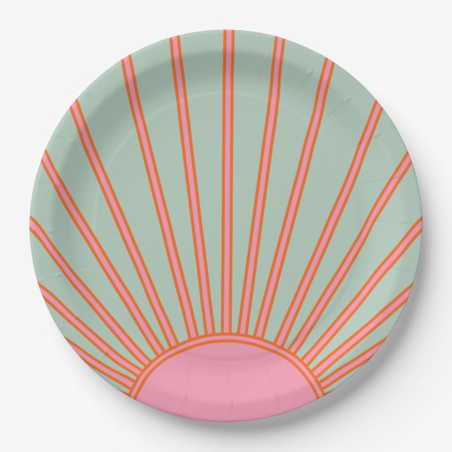 Sun Sunrise Green And Pink Abstract Retro Sunshine Paper Plates (Front)