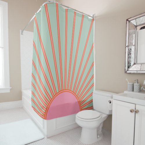 Sun Sunrise Green And Pink Abstract Retro Sunshine Shower Curtain