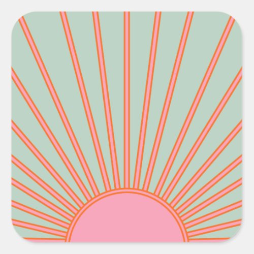 Sun Sunrise Green And Pink Abstract Retro Sunshine Square Sticker