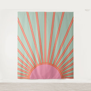 Sun Sunrise Green And Pink Abstract Retro Sunshine Tapestry