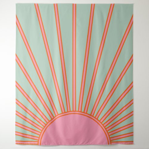 Sun Sunrise Green And Pink Abstract Retro Sunshine Tapestry