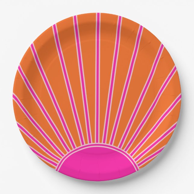 Sun Sunrise Orange And Hot Pink Preppy Sunshine Paper Plates (Front)