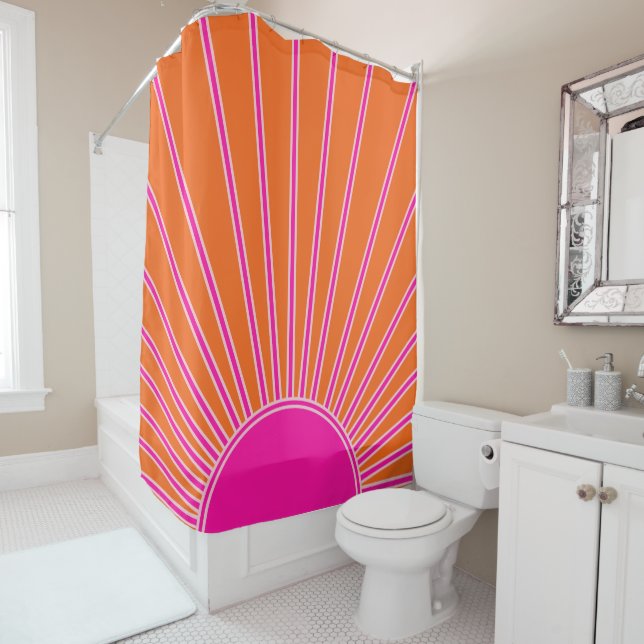 Sun Sunrise Orange And Hot Pink Preppy Sunshine Shower Curtain (In Situ)