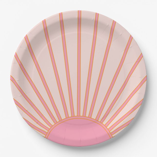 Sun Sunrise Pink Abstract Retro Sunshine Paper Plates (Front)