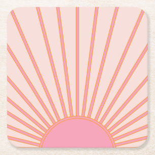 Sun Sunrise Pink Abstract Retro Sunshine Square Paper Coaster