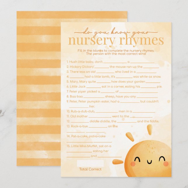 Sun Sunshine Nursery Rhyme Baby Shower Game Invitation (Front/Back)