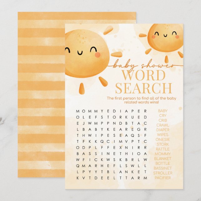 Sun Sunshine Word Search Baby Shower Game Invitation (Front/Back)