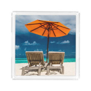 Sun Umbrella On Sandy Beach Maldives Acrylic Tray