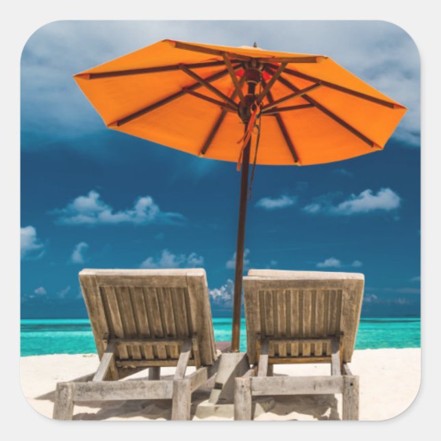 Sun Umbrella On Sandy Beach |Maldives Square Sticker (Front)
