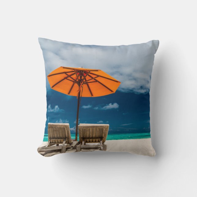 Sun Umbrella On Sandy Beach |Maldives Throw Pillow (Front)