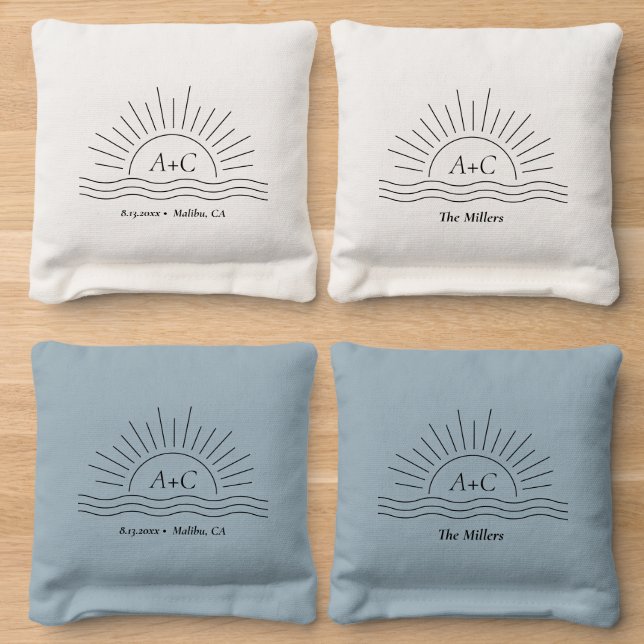 Sun & Waves Boho Beach Wedding Cornhole Bags (Wood)