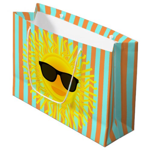 Sun with Dark Sunglasses on Aqua  Orange Stripes Large Gift Bag