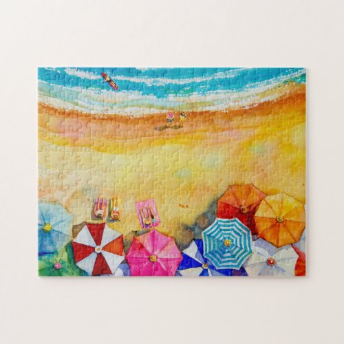 Sunbathers Colorful Beach Umbrellas Jigsaw Puzzle
