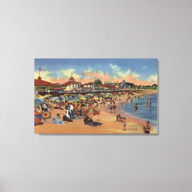 Sunbathers & Swimmers on Boardwalk & Beach Canvas Print (Front)