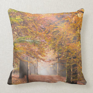 Sunbeams in an autumn forest throw pillow