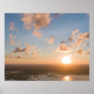 Sunbeams, Sunrise, Blue Sky, Fluffy Clouds Image Poster