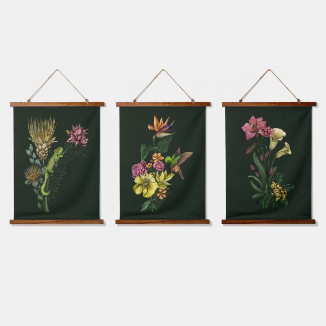 Sunbird Frog and Chameleon Tropical African Art Hanging Tapestry (Triple)