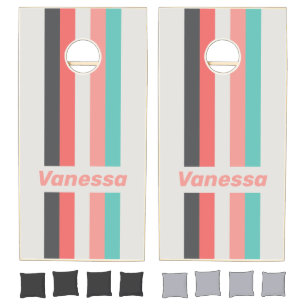 Sunbleached Coral Pin Striped with Name Cornhole Set