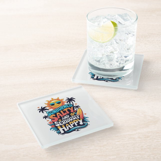 Sunburned Salty and Happy – Retro Beach Vibes Glass Coaster (Angled)