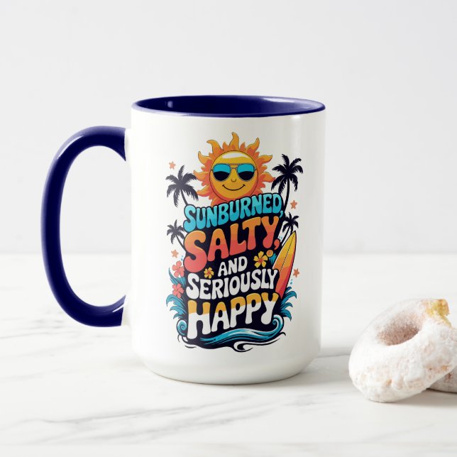 Sunburned Salty and Happy – Retro Beach Vibes Mug (With Donut)
