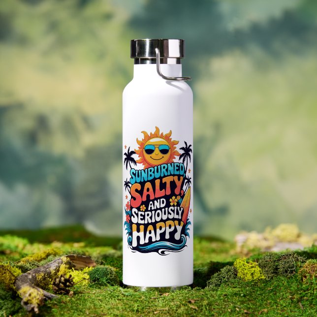 Sunburned Salty and Happy – Retro Beach Vibes Water Bottle (Outdoor (Rotated))