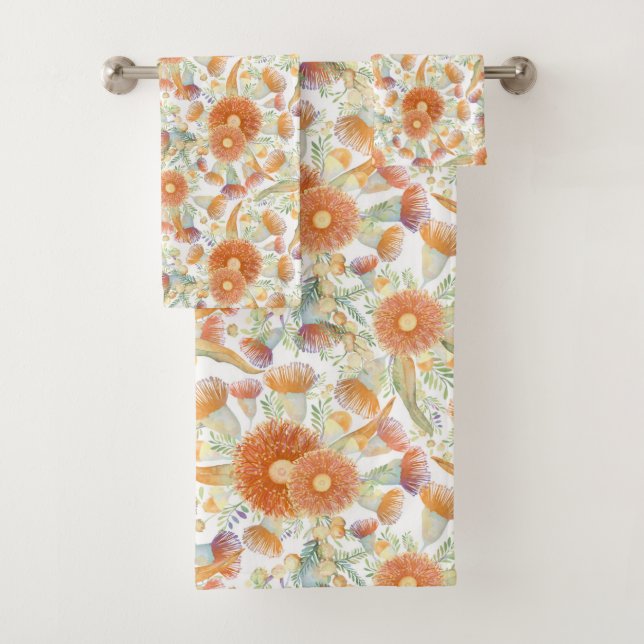 Sunburnt Wattle and Eucalyptus Blooms Bath Towel Set (Insitu)