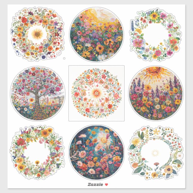 Sunburst and Floral Pattern Litha Sticker (Sheet)