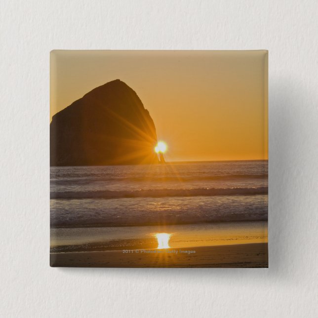 Sunburst And Haystack Rock At Cape Kiwanda Pinback Button (Front)