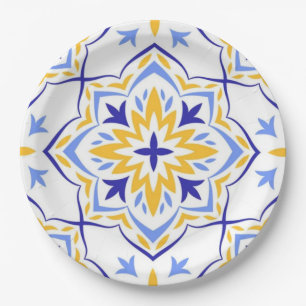 Sunburst Bloom Elegant Blue Gold Floral Mosaic Paper Plates