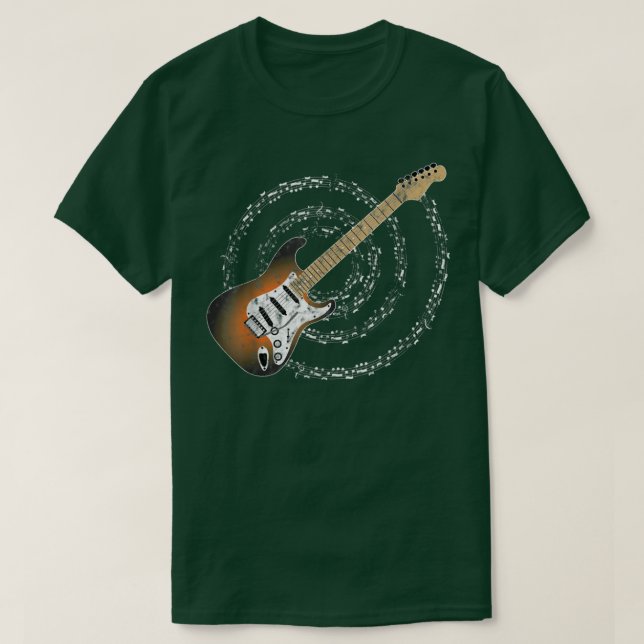 Sunburst Electric Guitar Spiraling Musical Notes  T-Shirt (Design Front)