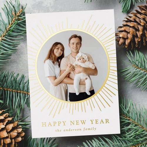 Sunburst Happy New Year Photo Foil Holiday Card
