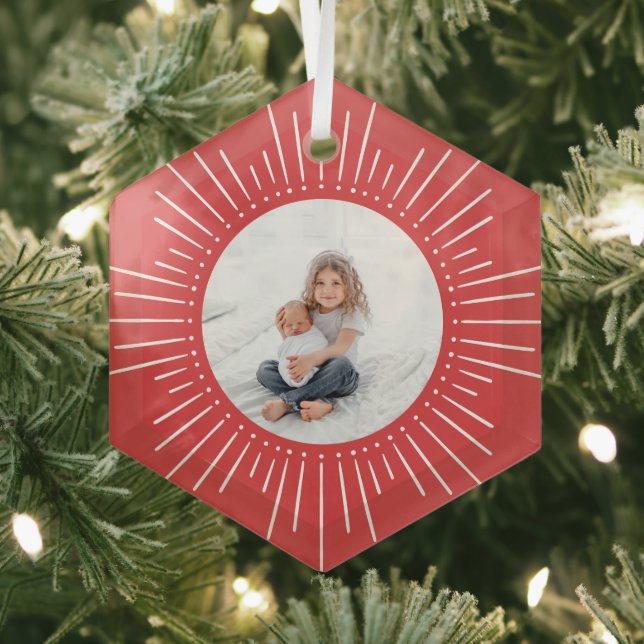 Sunburst Personalized Photo | Red Glass Ornament (Insitu)