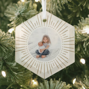 Sunburst Personalized Photo   White and Gold Glass Ornament