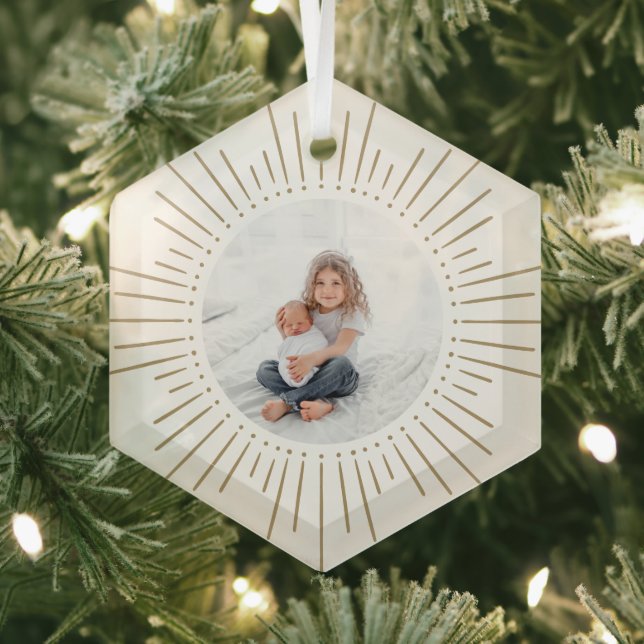 Sunburst Personalized Photo | White and Gold Glass Ornament (Insitu)