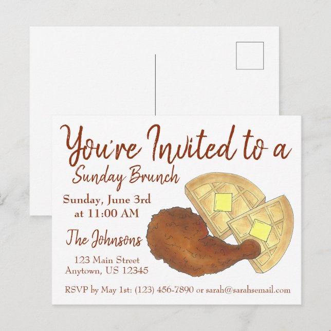 Sunday Breakfast Brunch Chicken and Waffles Invitation Postcard (Front/Back)